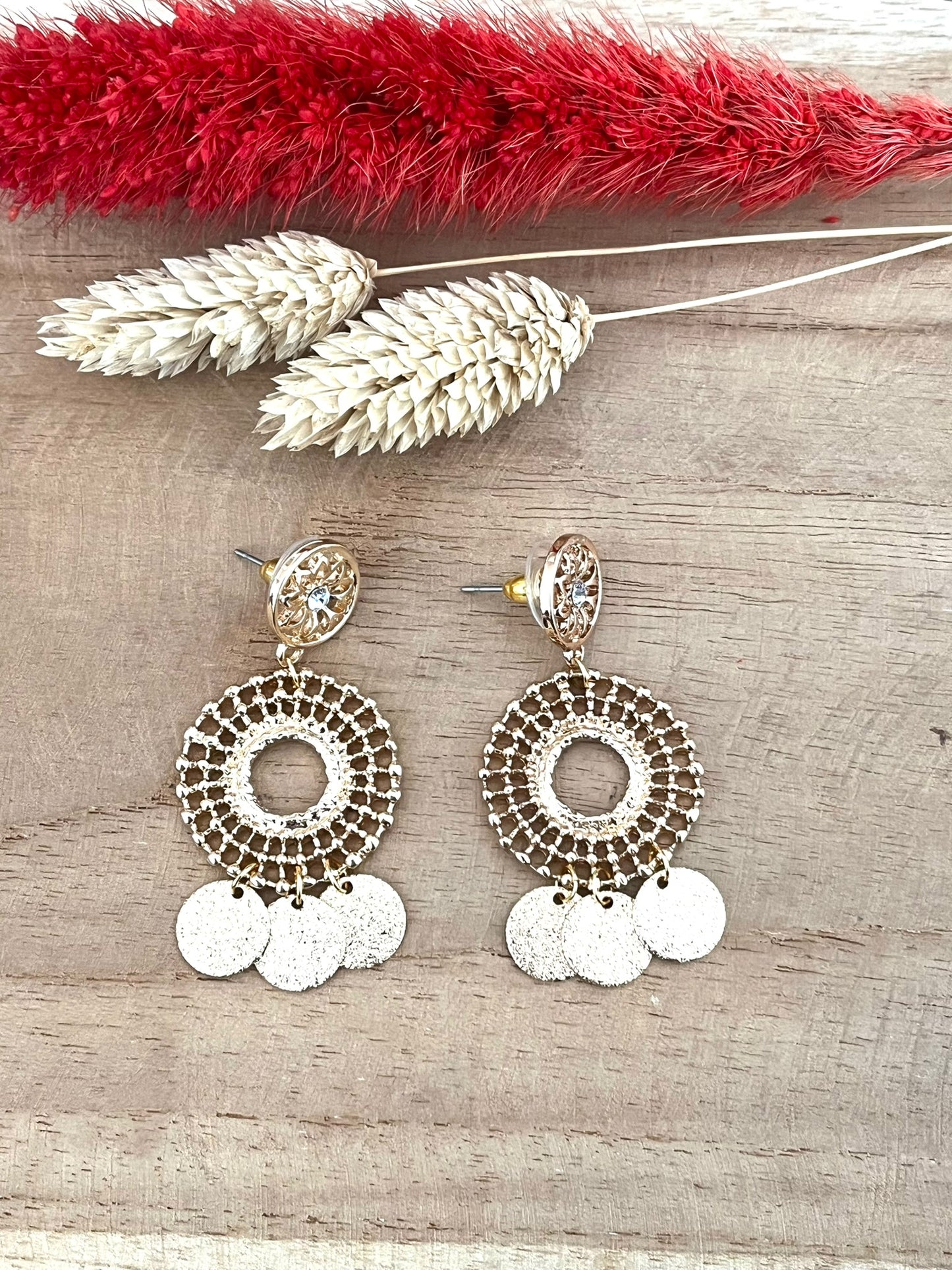 Boucles d'oreilles bohèmes DALIA - doré et pampilles pailletées