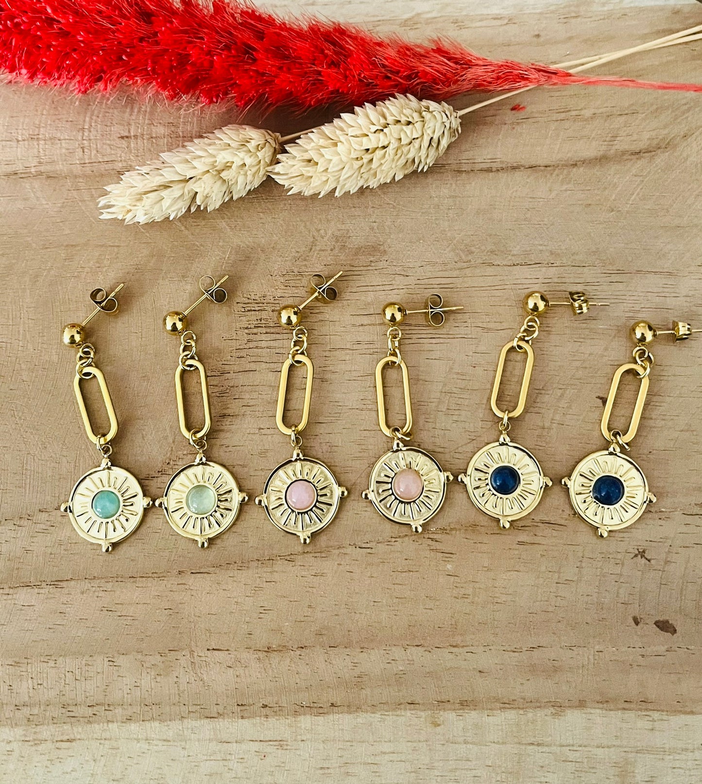 Boucles d'oreilles INES en acier inoxydable doré - aventurine, lapis lazuli, agate rose