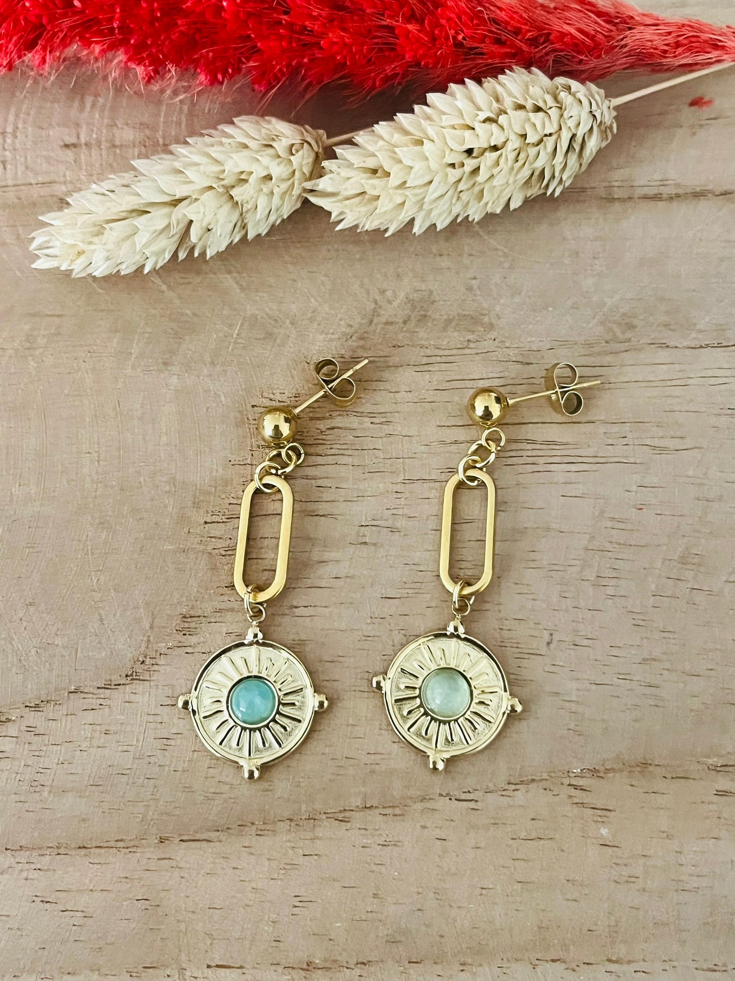 Boucles d'oreilles INES en acier inoxydable doré - aventurine, lapis lazuli, agate rose