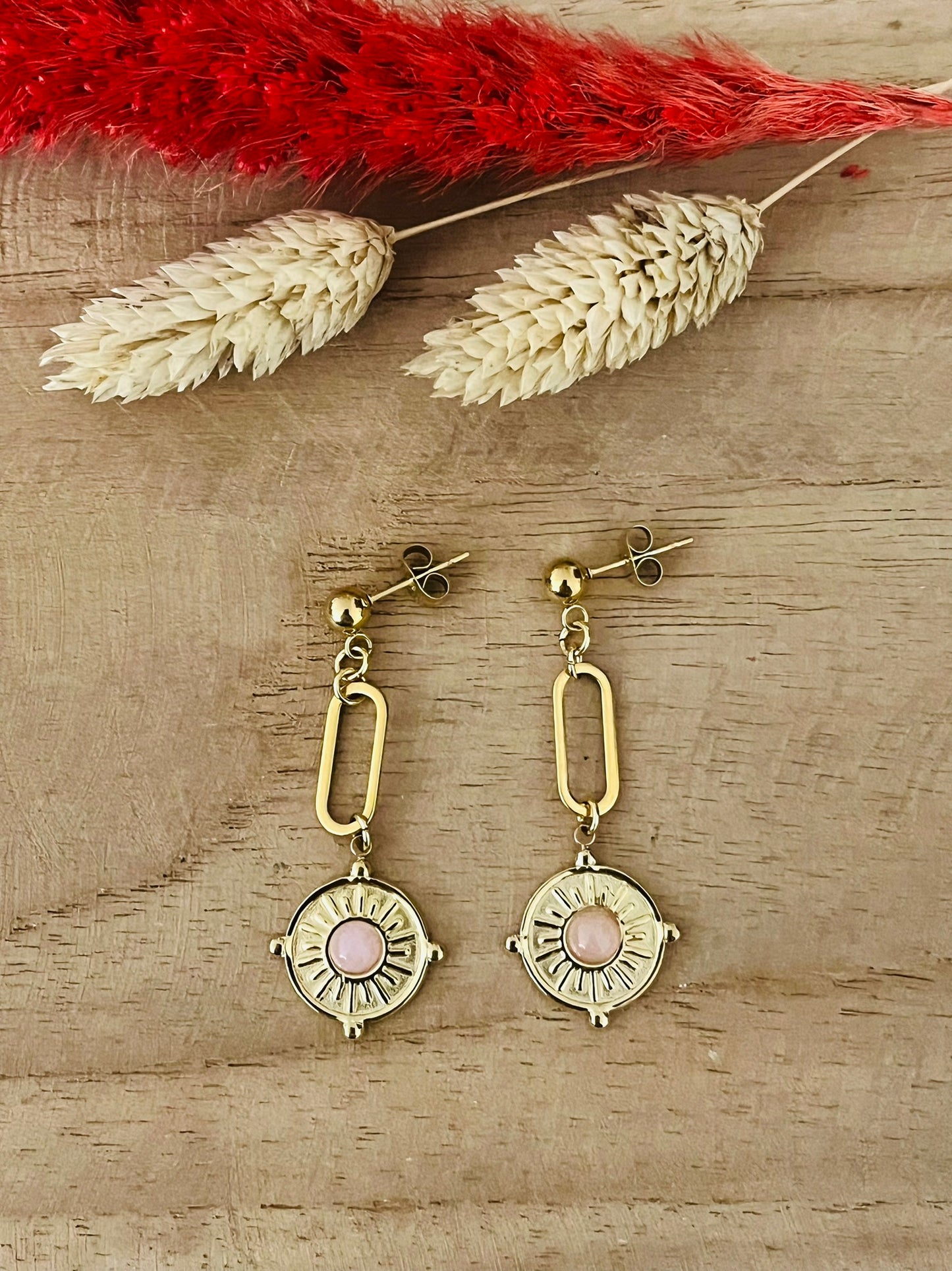 Boucles d'oreilles INES en acier inoxydable doré - aventurine, lapis lazuli, agate rose