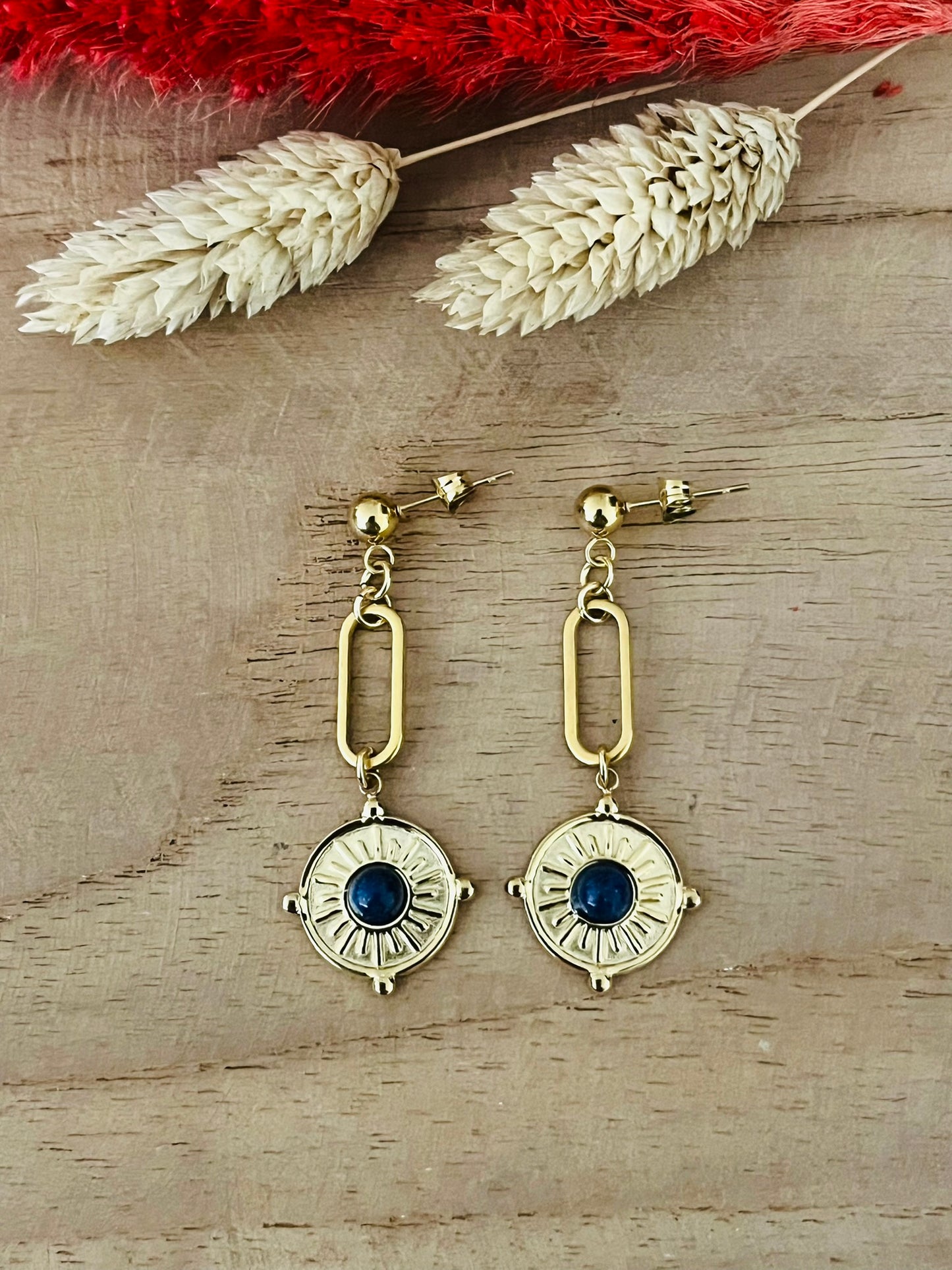 Boucles d'oreilles INES en acier inoxydable doré - aventurine, lapis lazuli, agate rose