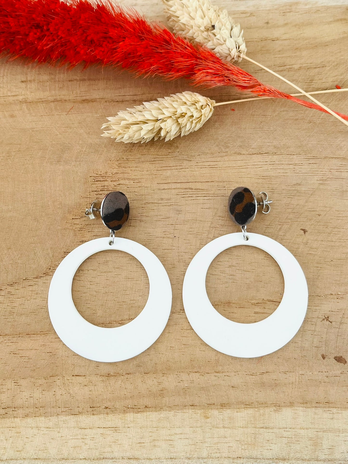 Boucles d'oreilles cercle ELODIE - écru et léopard gris
