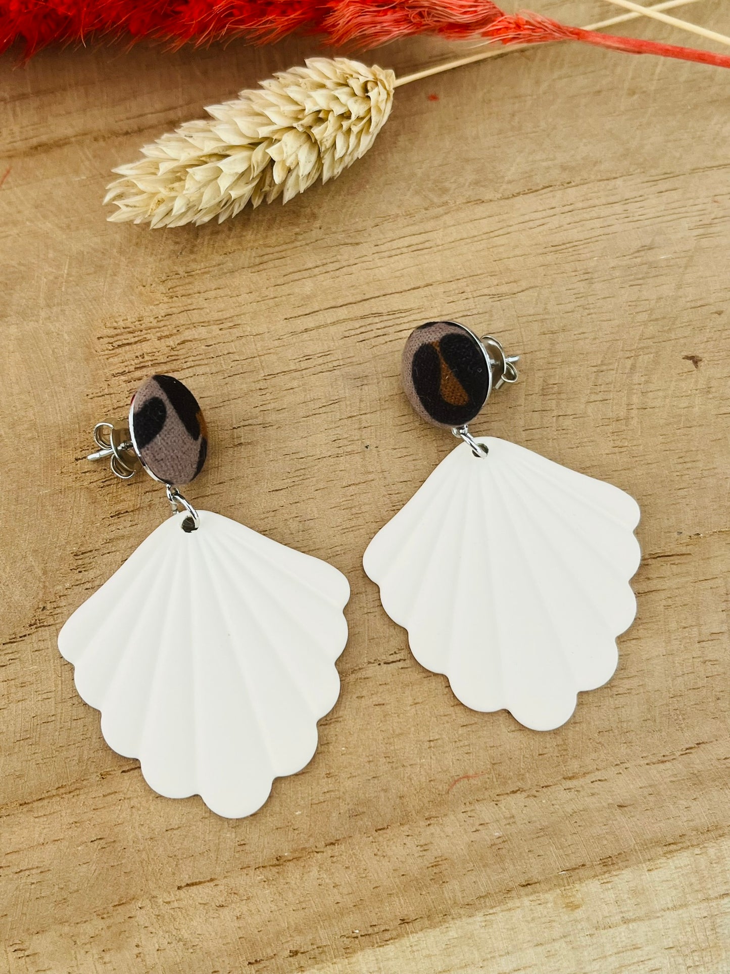 Boucles d'oreilles éventail JULIE - écru et léopard taupe