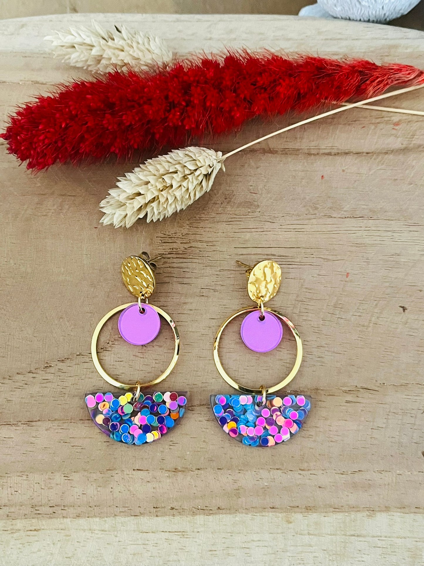 Boucles d'oreilles CALLIE - demi-lune pailleté bleu, violet