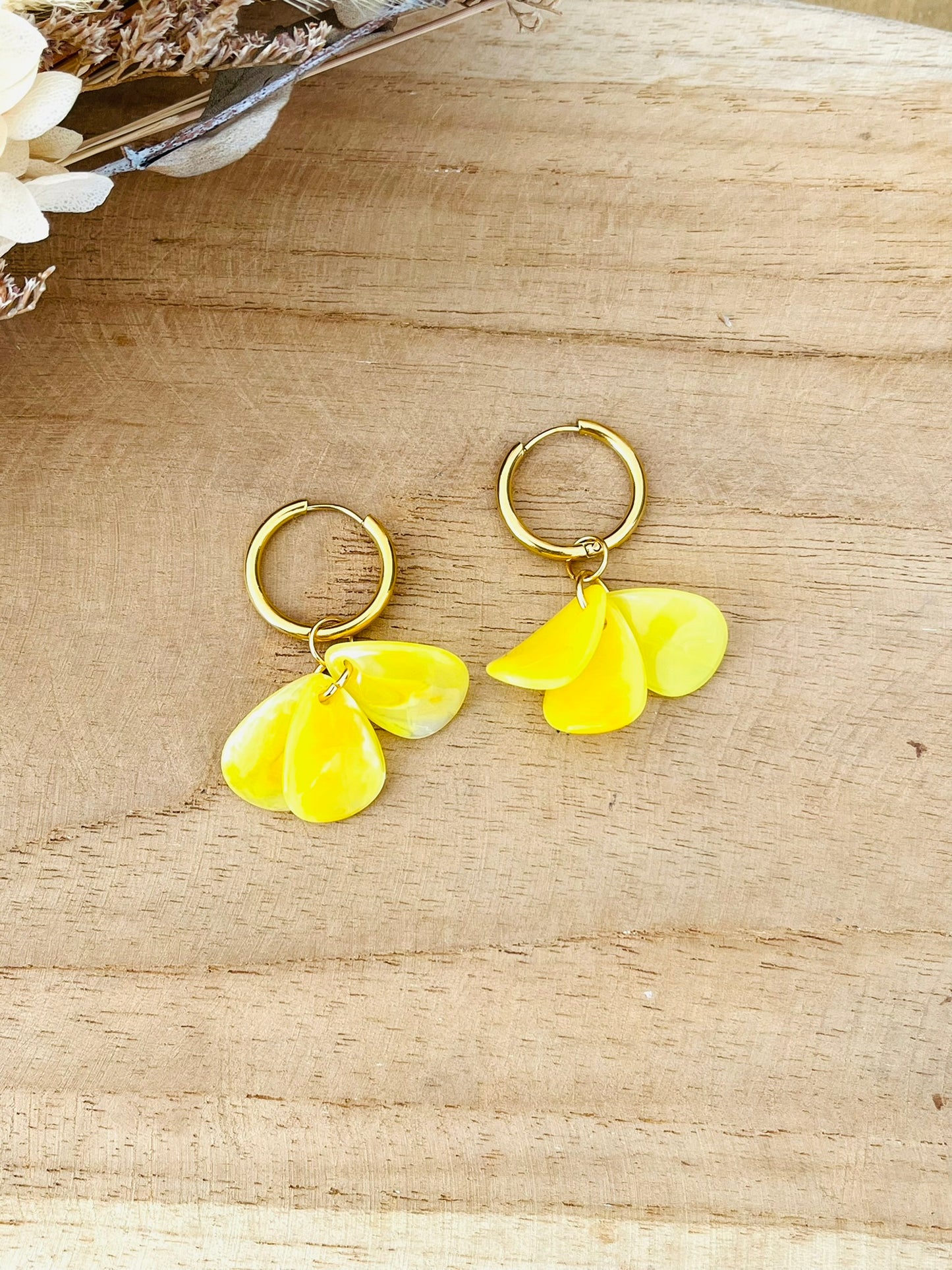 Boucles d'oreilles créoles fantaisie fait main.
Créoles en acier inoxydable doré.
Pétales en acrylique jaune.
Bijou fantaisie fait main.