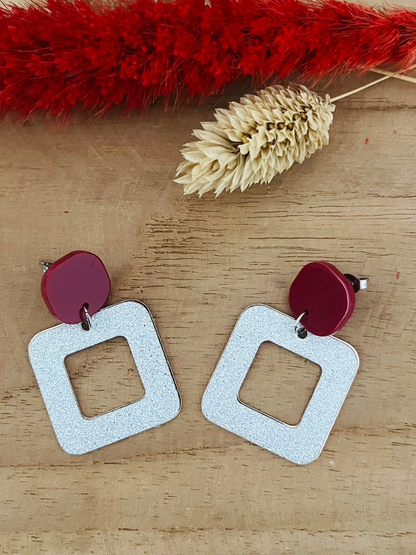 Boucles d'oreilles MEGHAN - argent pailleté et bordeaux