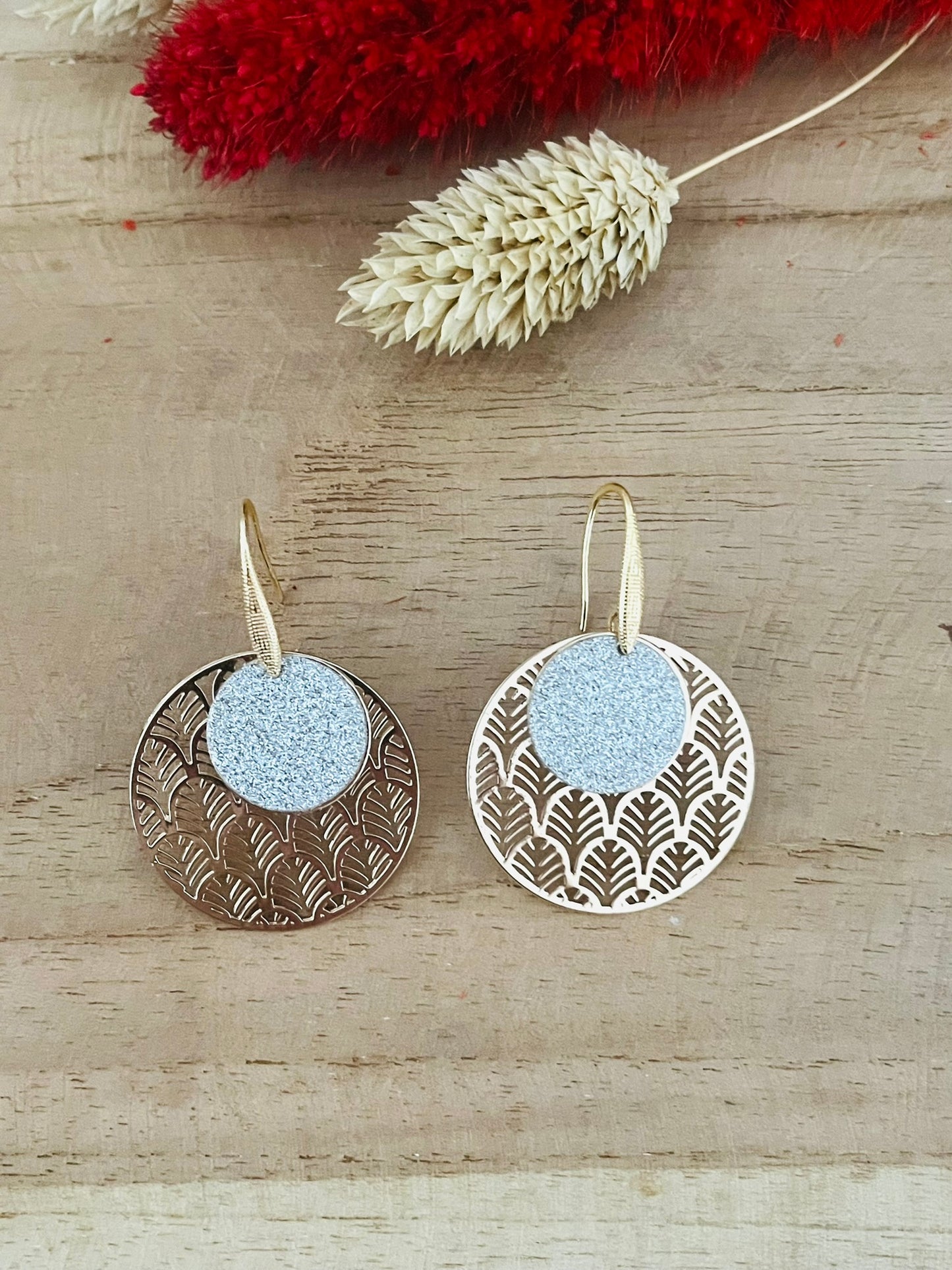 Boucles d'oreilles rondes SOLENN - doré et paillettes argentées
