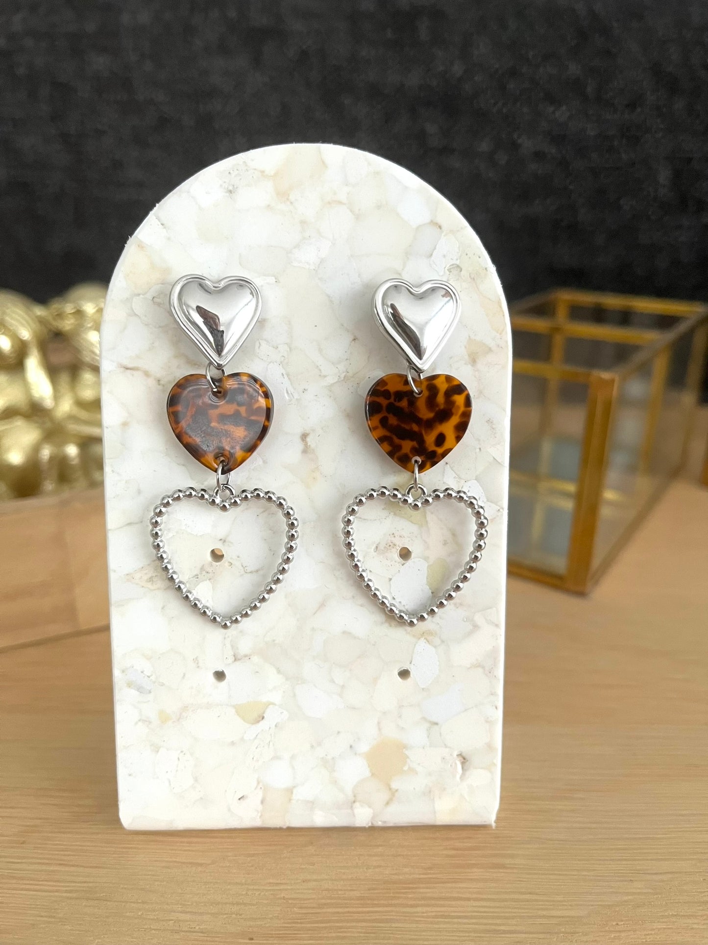 Boucles d'oreilles 3 coeurs - argenté et léopard