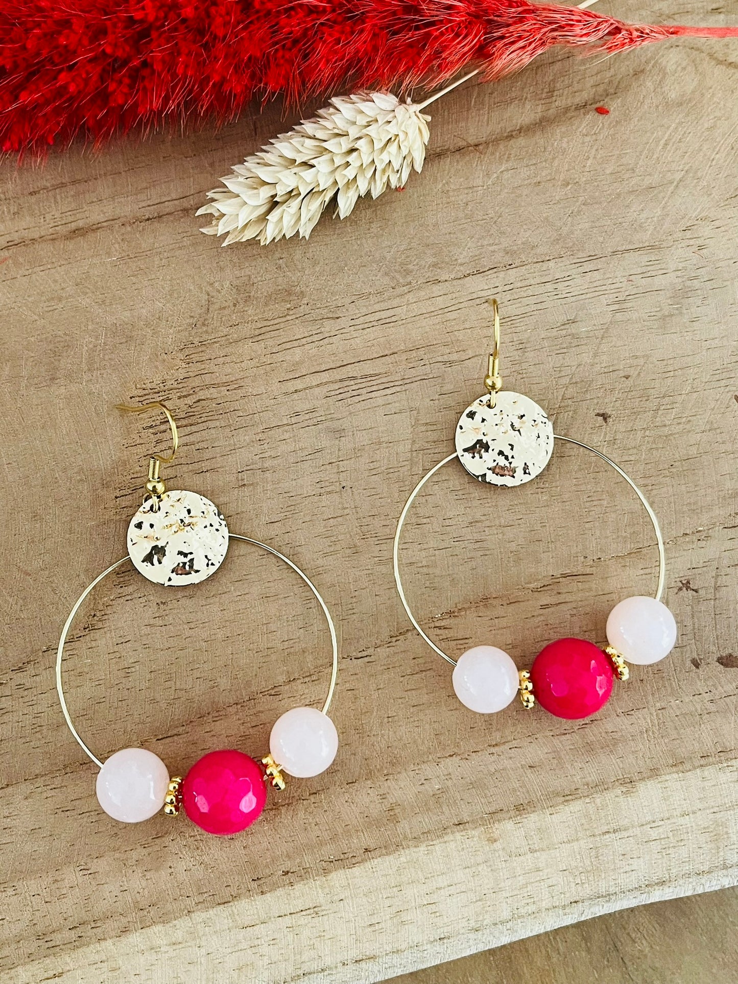 Créoles dorées PAULA - Perles de Jade rose et nude