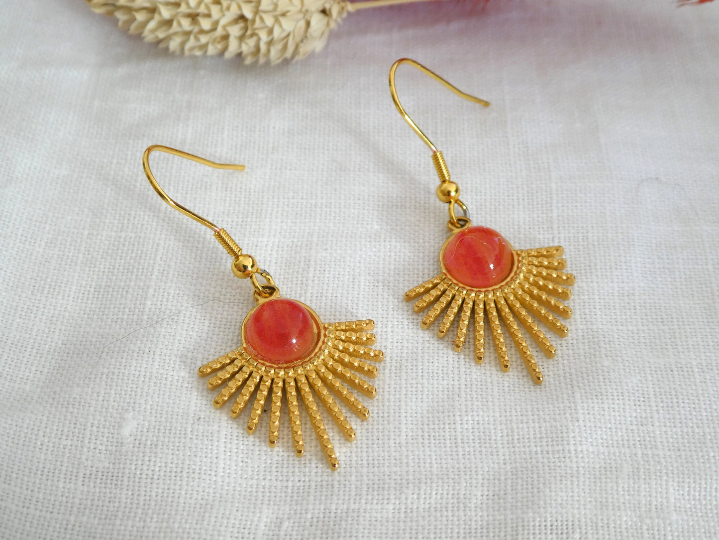 Boucles d'oreilles SOLAL - acier inoxydable doré, cabochon rose