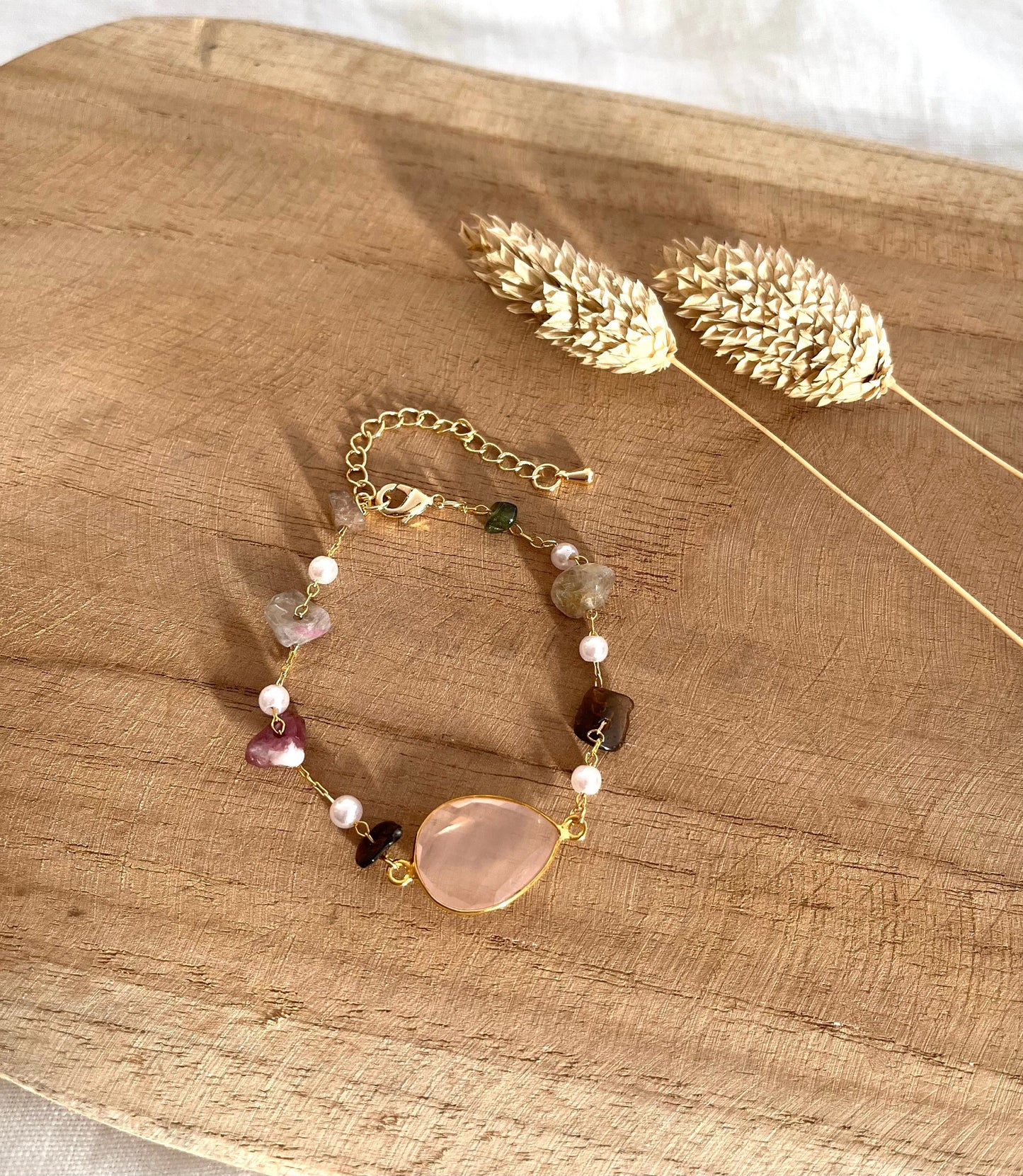 Bracelet QUENTIN - chaîne perlée en pierre naturelle et quartz rose