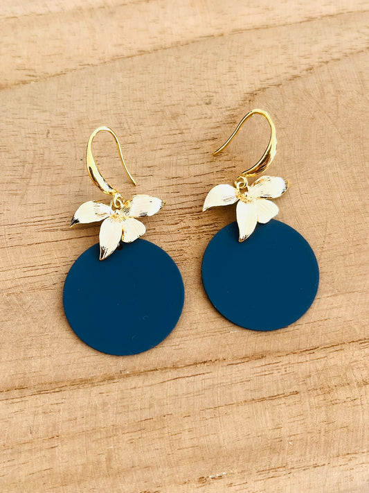 Boucles d'oreilles Fleur d'orchidée - Doré et bleu marine