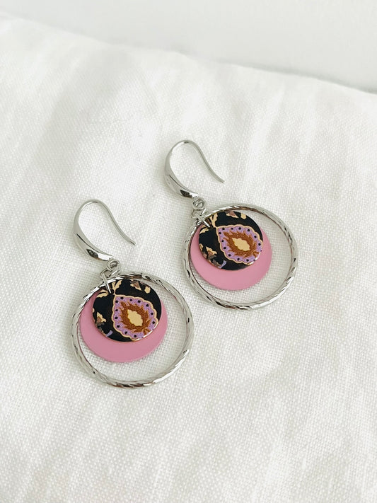 Boucles d'oreilles plaqué rhodium - Sequins rose et violet