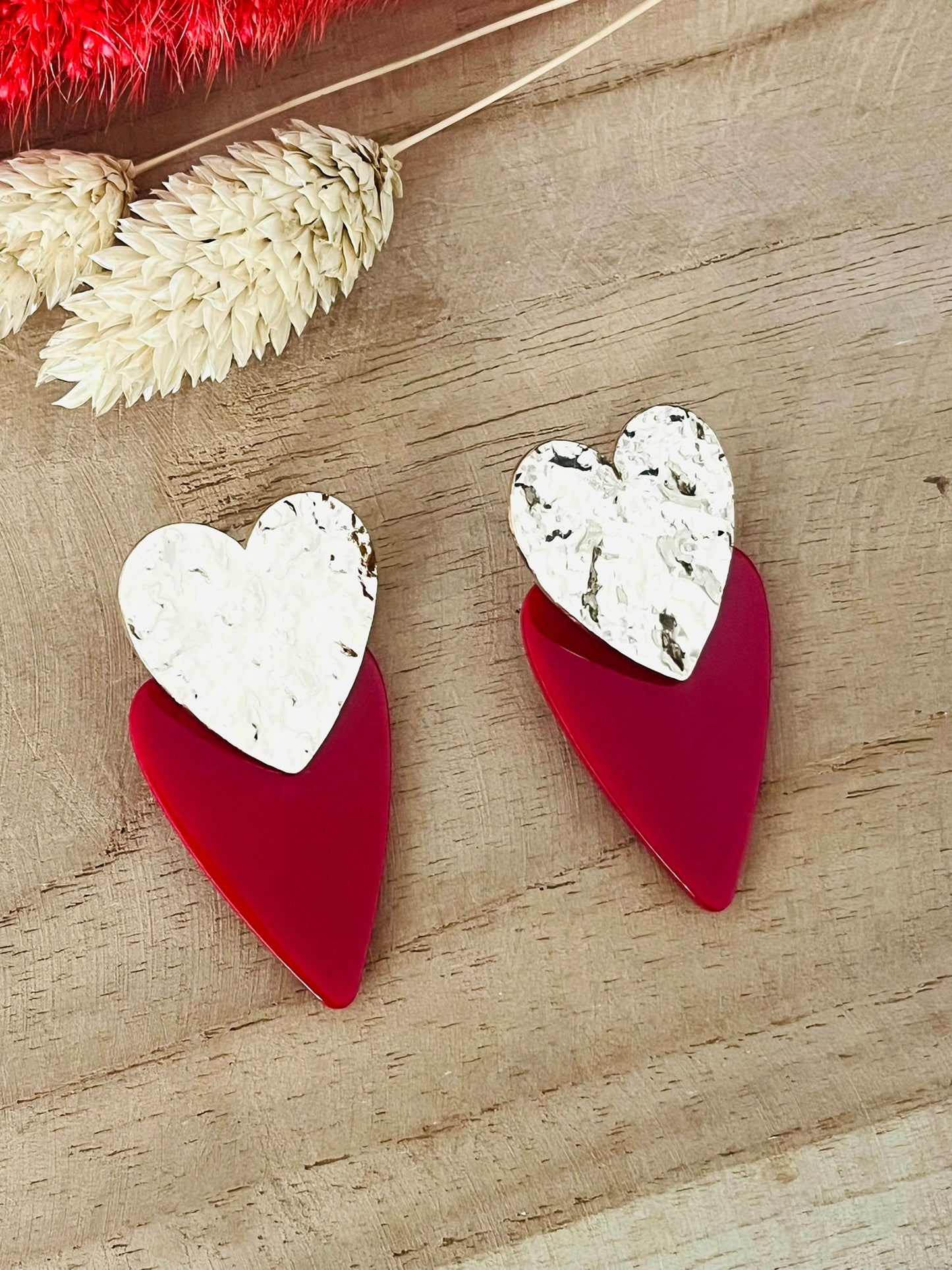 Boucles d'oreilles ALLY - coeur doré et rouge