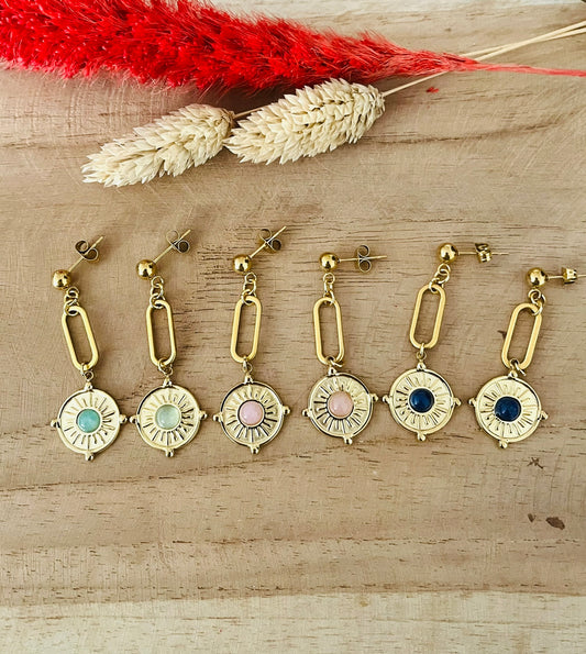 Boucles d'oreilles INES en acier inoxydable doré - aventurine, lapis lazuli, agate rose