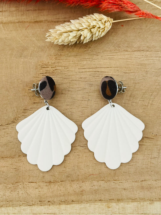 Boucles d'oreilles éventail JULIE - écru et léopard taupe