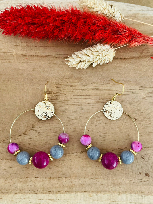 Créoles dorées AMANDA - Perles de Jade violet et gris