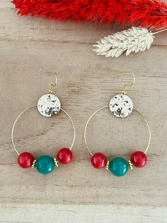 Créoles dorées PAULA - Perles de Jade vert et bordeaux
