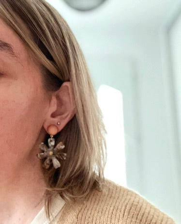 Boucles d'oreilles fantaisie fait main.
Clous d'oreilles rond avec cabochon en résine décliné en 4 couleurs: terracotta mat, vert d'eau, rose, bronze.
Pendentif marguerite en acrylique marbré multicolore.
Bijou fantaisie fait main.