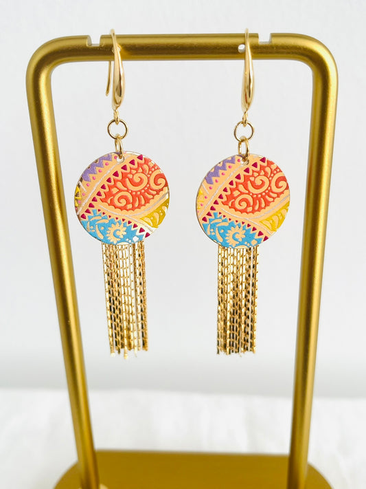 Boucles d'oreilles KIRA - franges Or 24K, Sequin arabesque multicolore