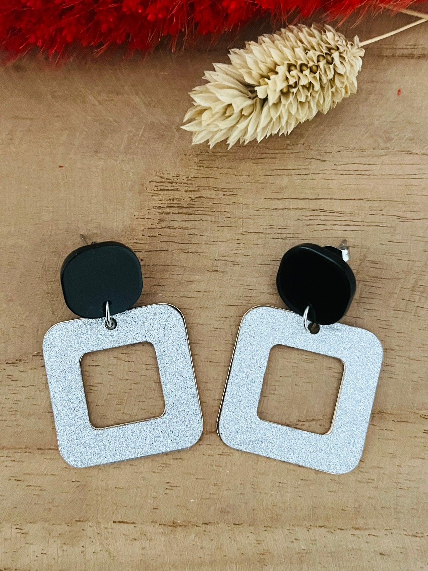 Boucles d'oreilles MEGHAN - argent pailleté et noir