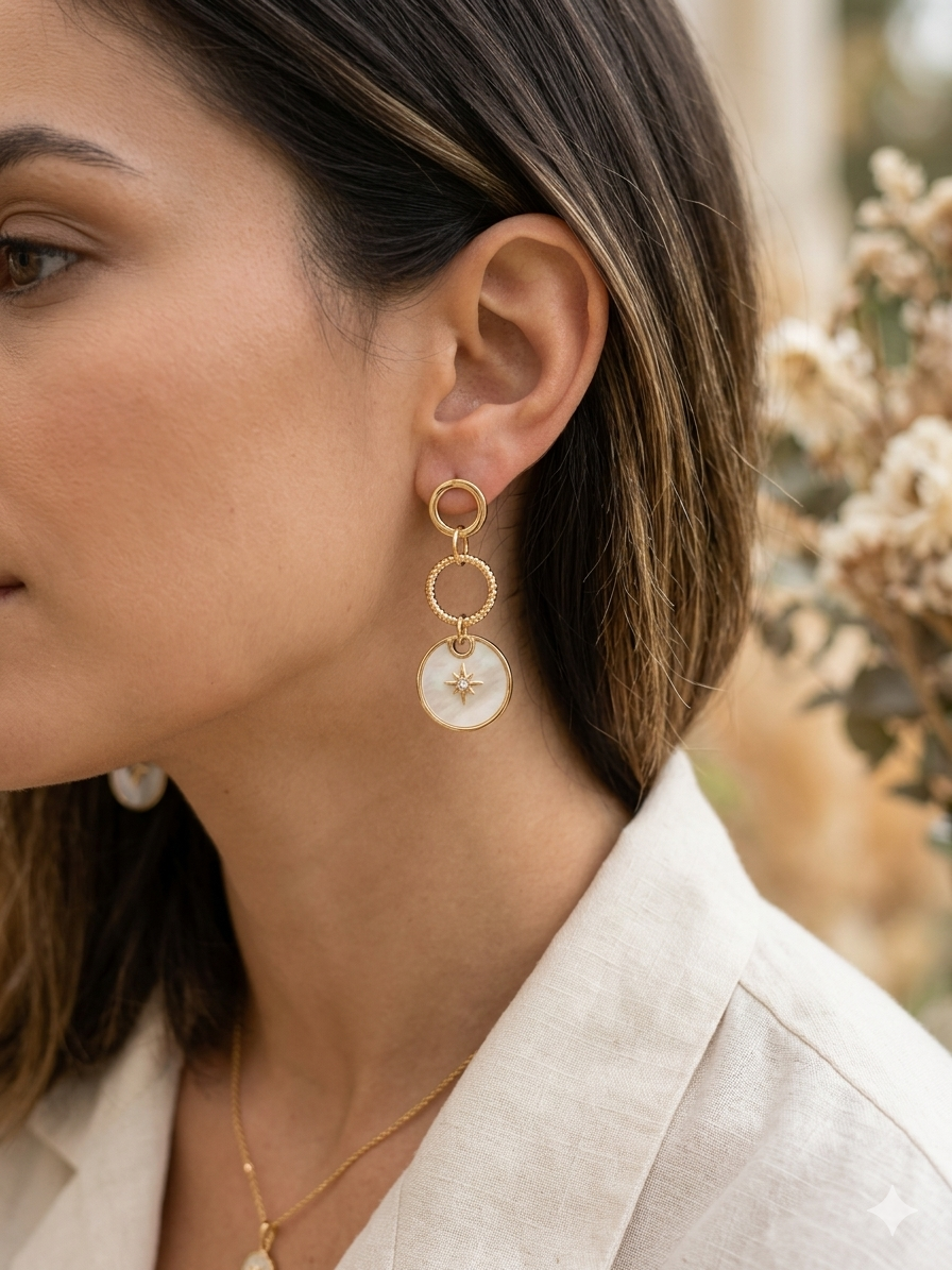 Boucles d'oreilles fantaisie fait main.
Clous d'oreilles cercle en laiton plaqué or 18k. Pendentif en nacre avec étoile polaire serti d'un strass.
Bijou fantaisie fait main.