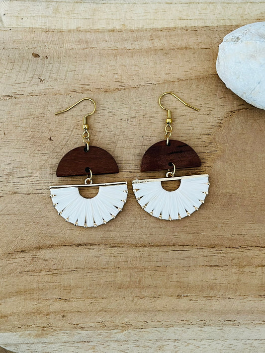 Boucles d'oreilles fantaisie fait main.
En bois de noyer et raphia écru en forme d'éventail.
Style bohème chic.