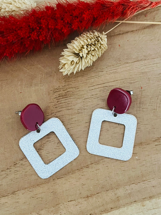 Boucles d'oreilles MEGHAN  - argent pailleté et bordeaux