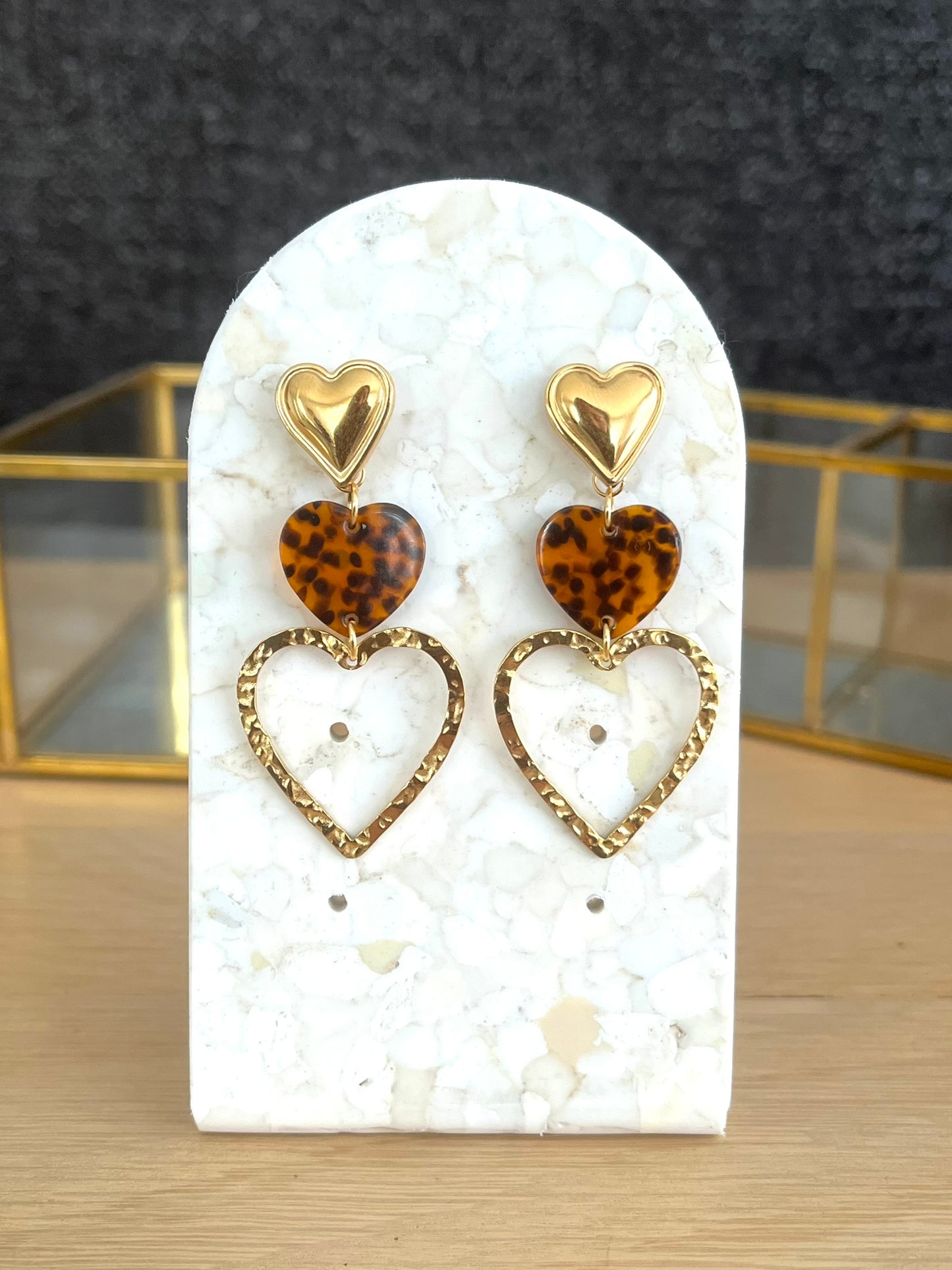Boucles d'oreilles 3 coeurs - doré et léopard