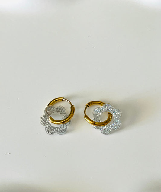 Boucles d'oreilles créoles adaptées pour les enfants à partir de 6 ans.
Créoles en acier inoxydable doré de 15mm.
Petites fleurs transparentes pailletées en acrylique.

