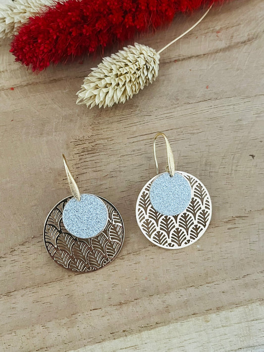 Boucles d'oreilles rondes SOLENN -  doré et paillettes argentées