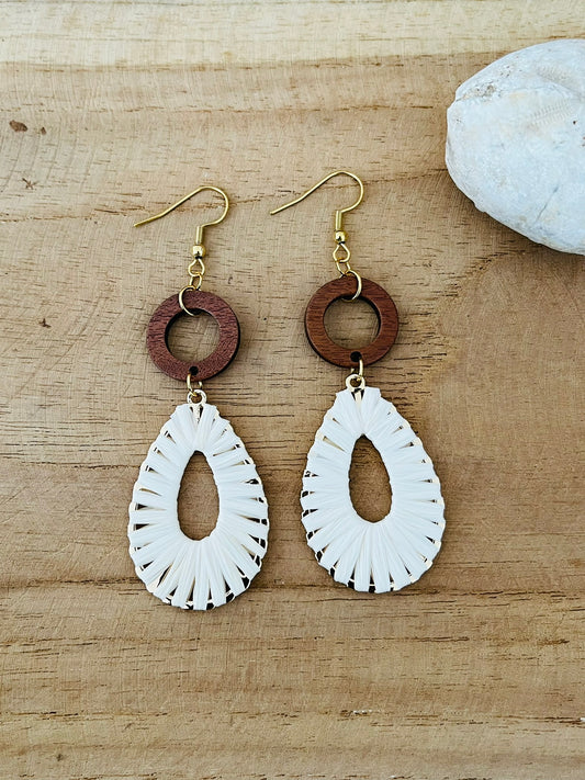 Boucles d'oreilles pendantes en raphia écru et bois.
Crochets d'oreilles en acier inoxydable doré.
Bijou fait main.