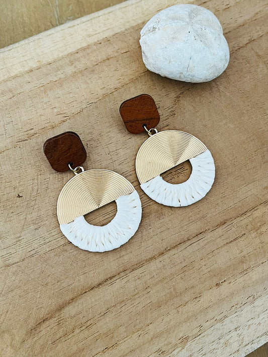 Boucles d'oreilles fantaisie fait main.
Boucles d'oreilles style ethnique rondes en laiton doré et raphia écru.
Clous d'oreilles carrés en bois de noyer.
Bijou fait main.