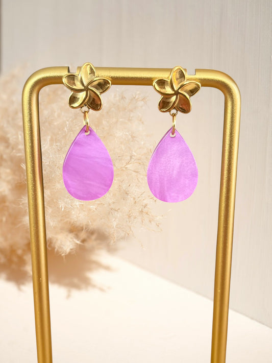 boucles d'oreilles à clous fleur en acier inoxydable doré et goutte acrylique violet