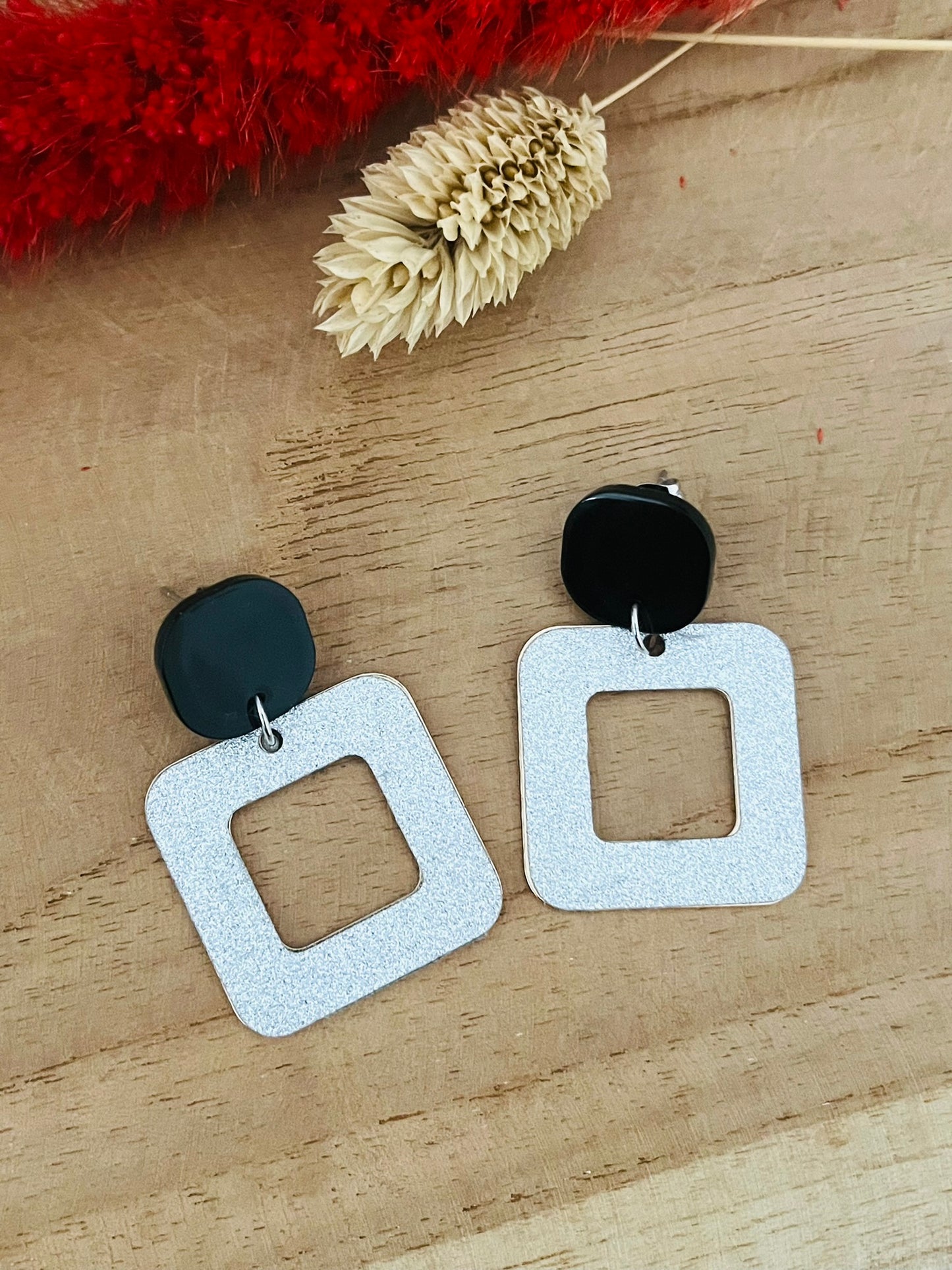 Boucles d'oreilles MEGHAN - argent pailleté et noir