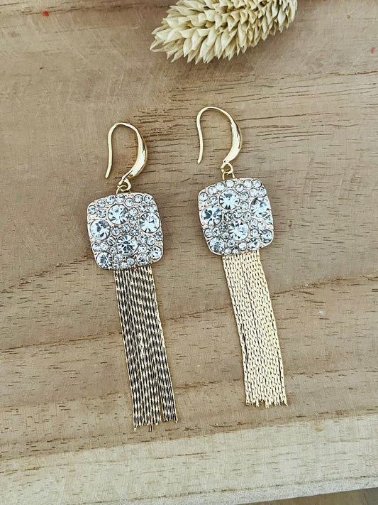 Boucles d'oreilles à franges KYLIE - Or 24k et strass