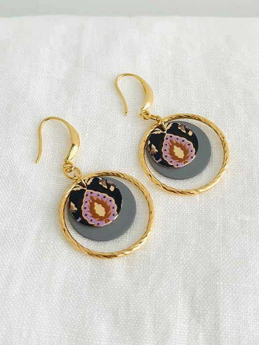 Boucles d'oreilles ELISE - Or 18k - Sequins gris et violet