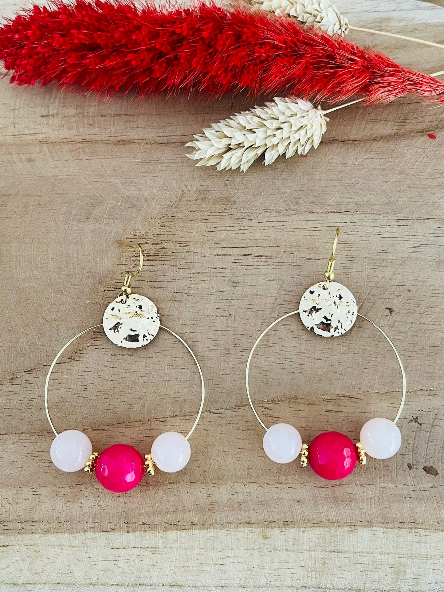 Créoles dorées PAULA - Perles de Jade rose et nude