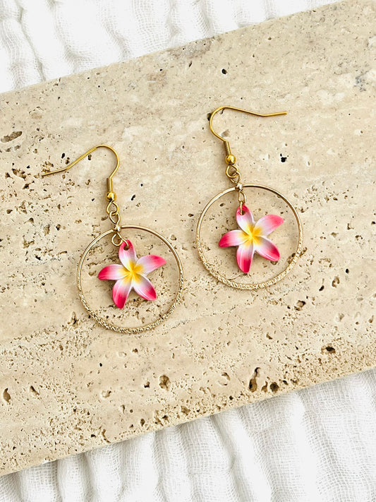 Boucles d'oreilles fantaisie fait main.
Crochets en acier doré, pendentif rond doré pailleté, breloque fleur de tiaré rose, blanc et jaune.
Bijou fait main