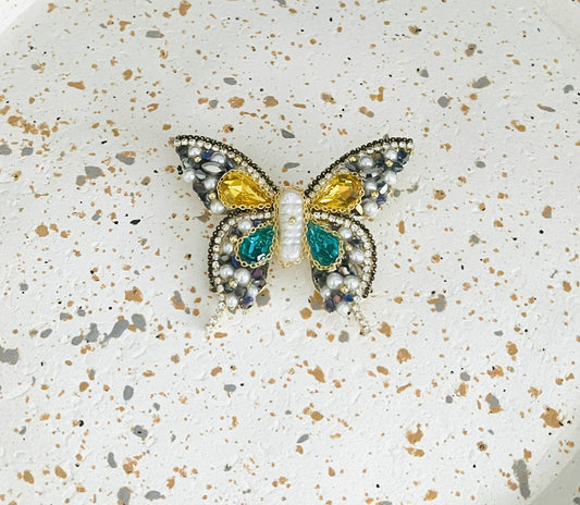 Broche fantaisie Papillon - blanc, jaune, turquoise