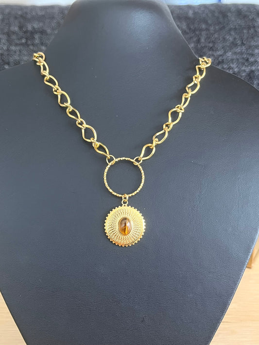 Collier ENZO - en acier doré et Oeil de tigre