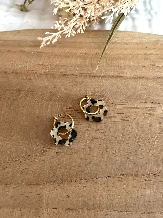 Boucles d'oreilles créoles à clip pour oreilles non percées.
Créoles en acier inoxydable doré.
Fleur en acrylique.
Bijou fantaisie fait main.