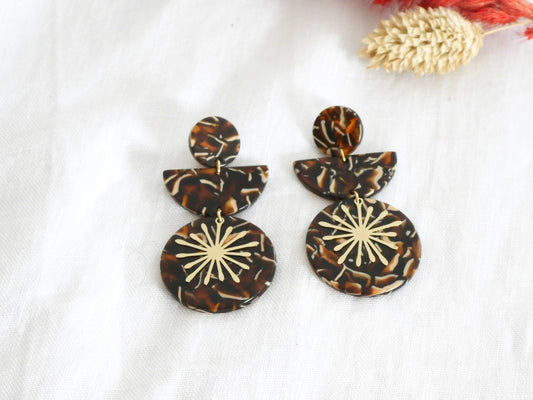 Boucles d'oreilles MANON - géométriques en acétate marron marbré et doré