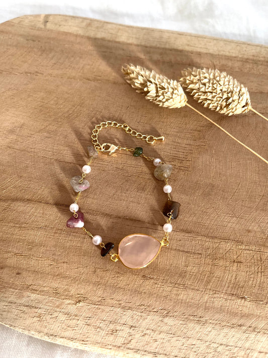 Bracelet QUENTIN - chaîne perlée en pierre naturelle et quartz rose