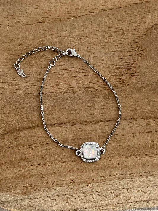 Bracelet ZACK - argent rhodié, carré en strass et résine blanc nacré