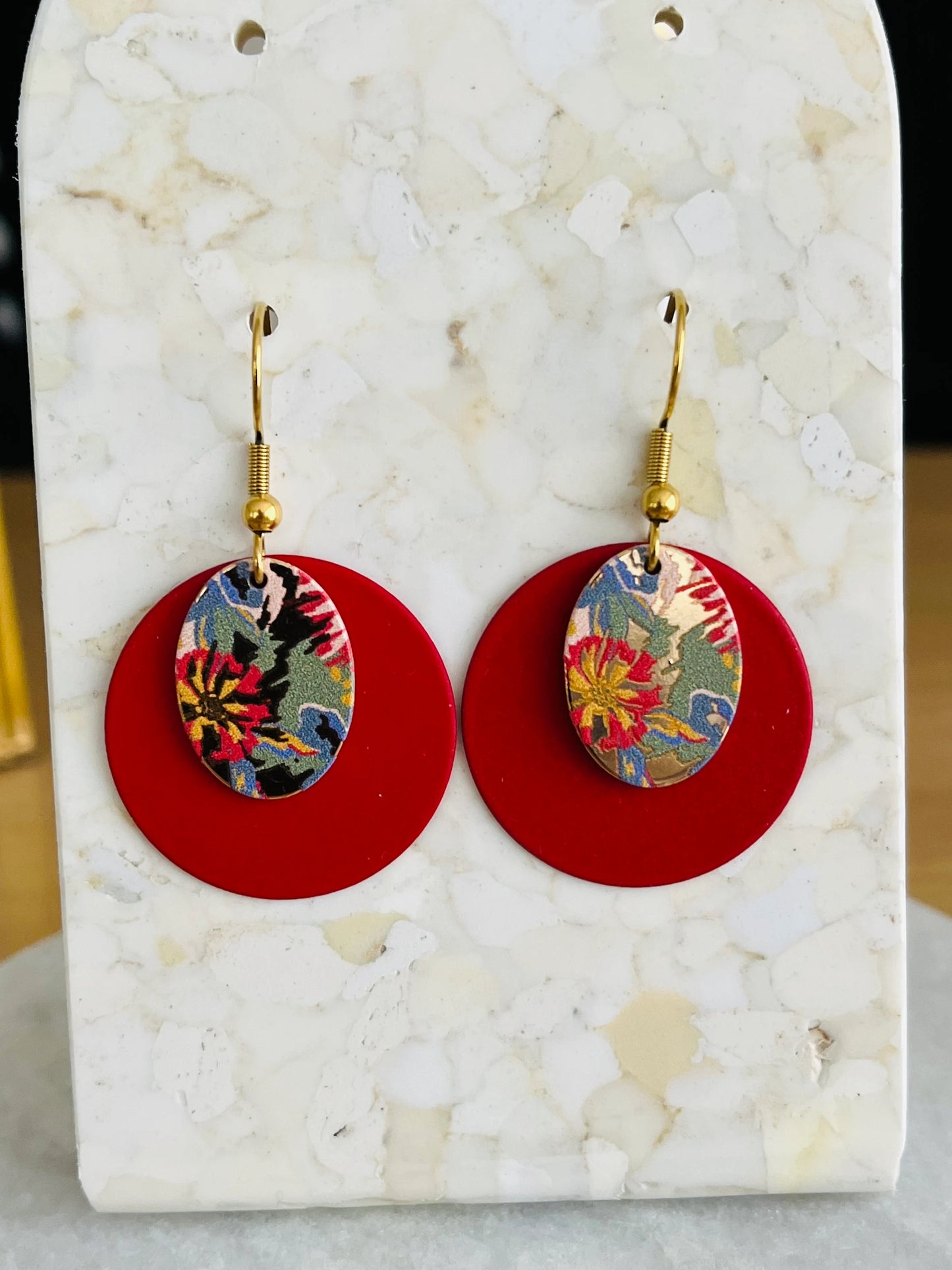 Boucles d’oreilles SOPHIA - rouge et doré, imprimé fleur