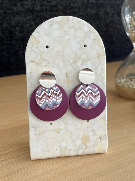 Boucles d’oreilles LIVIA -  argenté et violet, imprimé aztèque