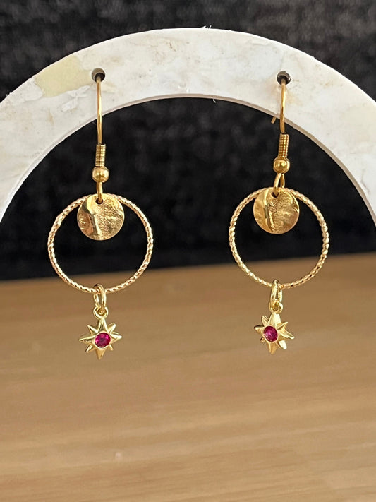 Boucles d’oreilles ELISA - doré à l’or fin étoile zircon rose fuchsia