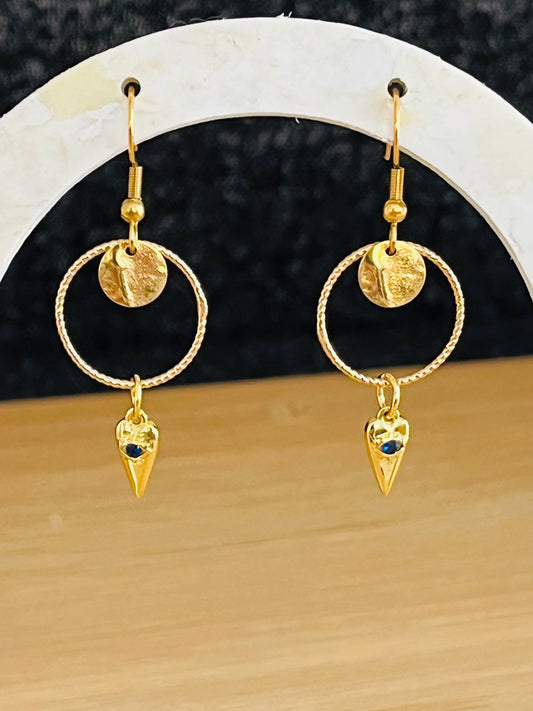 Boucles d’oreilles ALMA -  doré à l’or fin, coeur avec oeil zircon bleu