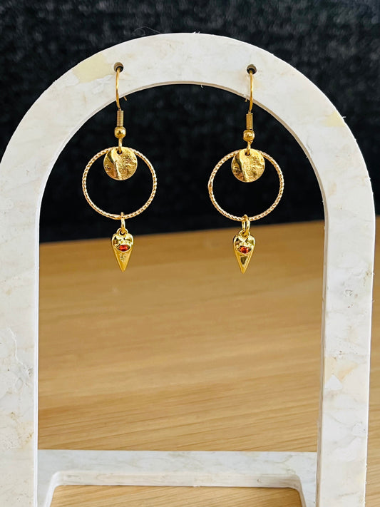 Boucles d’oreilles ALMA - doré à l’or fin, coeur avec oeil zircon orange